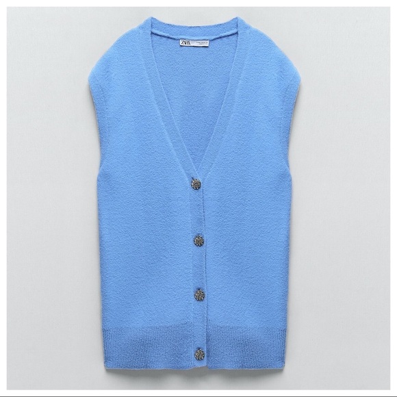 NWT. Zara Blue Soft Touch Bejewelled Buttons Waistcoat. Size M. - Picture 6 of 11